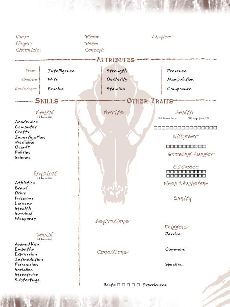 Wendigo The Starving Character Sheet | PDF