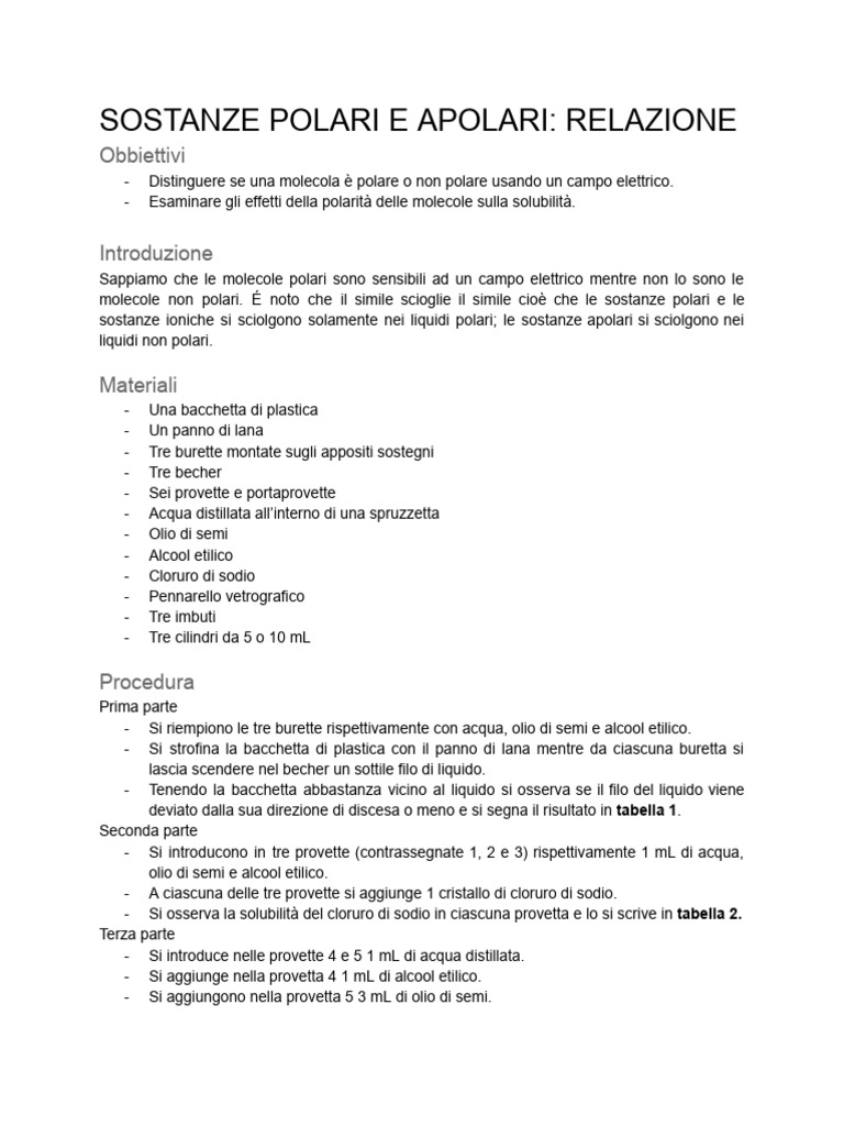 Sostanze Polari e Apolari - Relazione