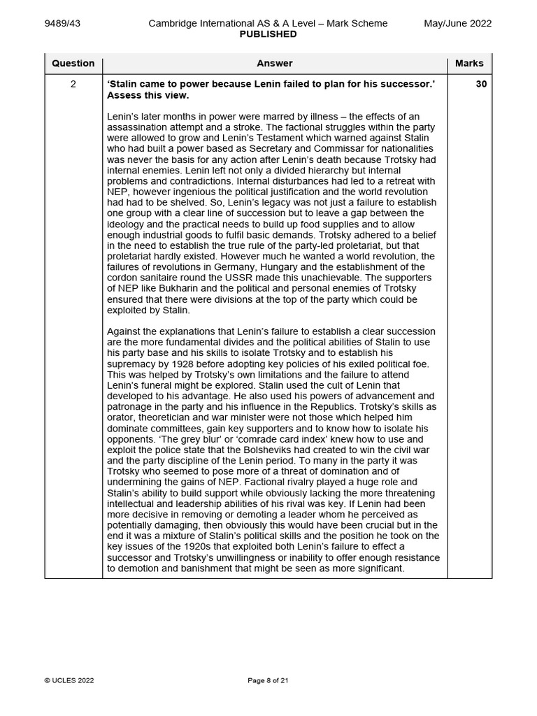 Published Answer Marks Stalin Came To Power Because Lenin Failed To ...