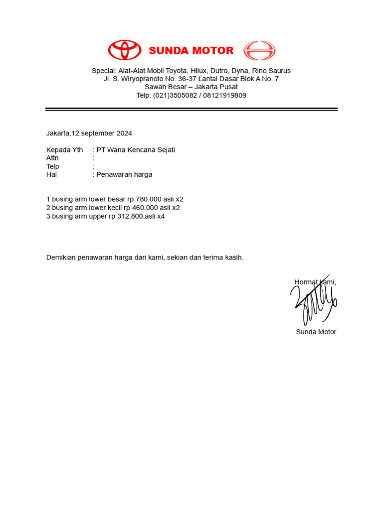 Penawaran hARGA Sunda Motor | PDF