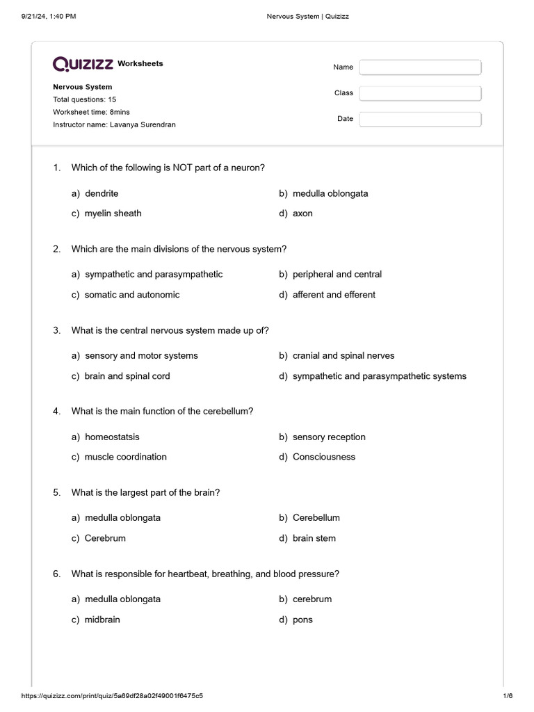 Nervous System - Quizizz Answer Key | PDF