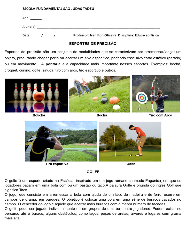 Atividade Esportes de Precisão - 4º Ano | PDF
