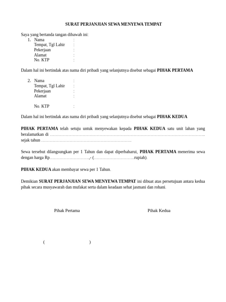 Surat Perjanjian Sewa Menyewa Tempat | PDF
