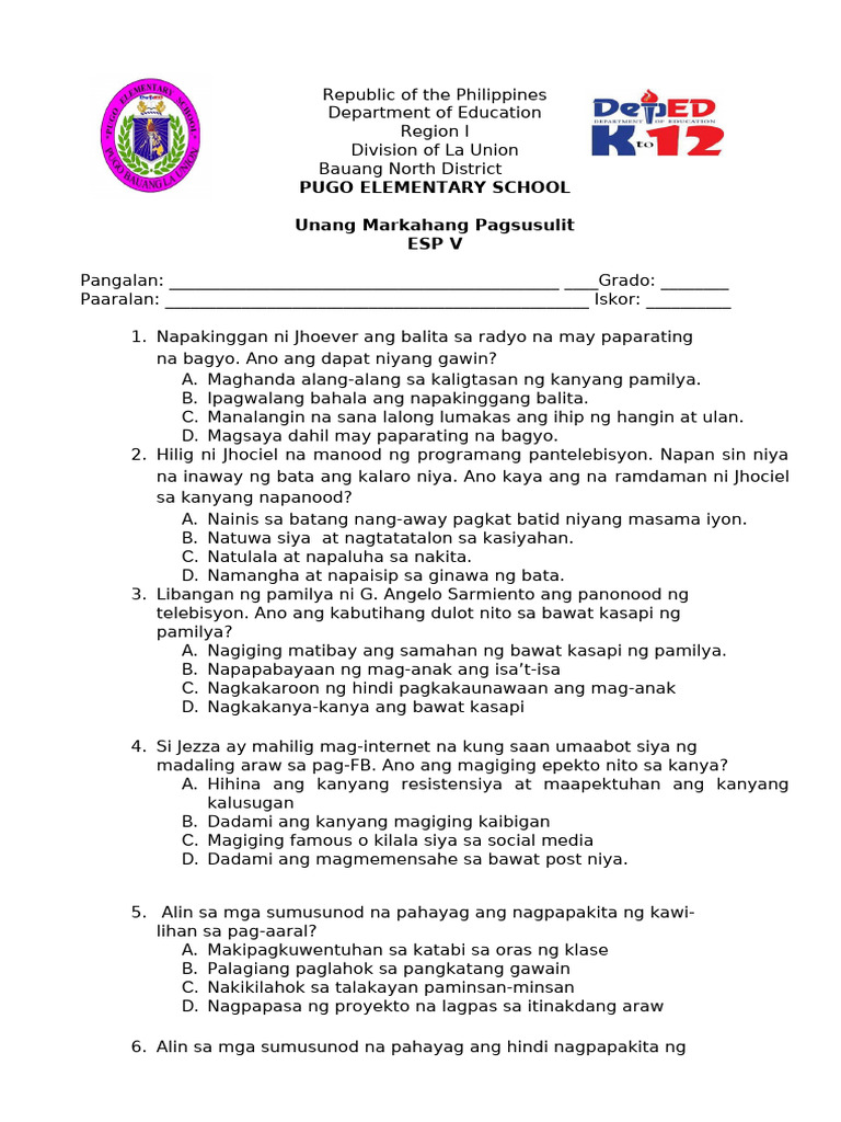 PT ESP 5 1ST Grading | PDF