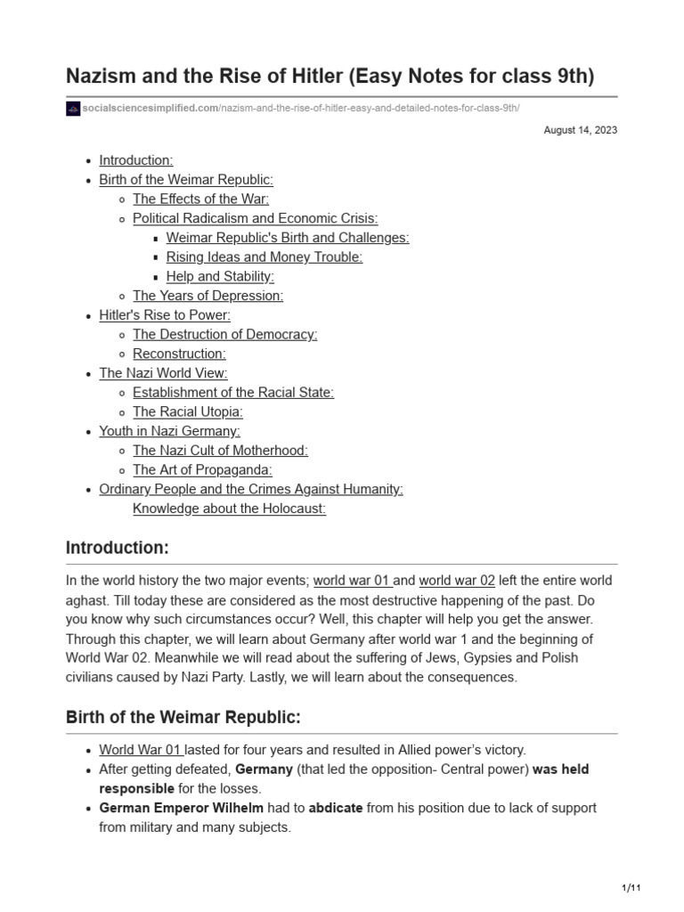Nazism and the rise of hitler easy notes for class 9th history pdf
