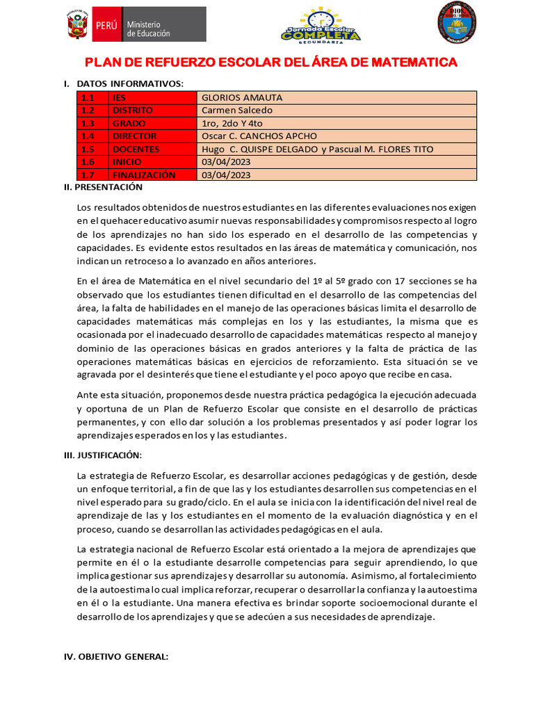 Plan de Refuerzo Escolar 2023 | PDF