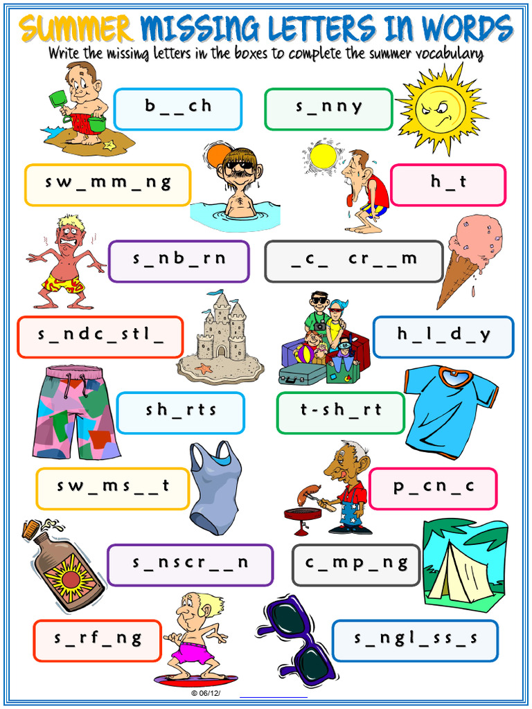 Summer Vocabulary Esl Missing Letters in Words Worksheet For Kids | PDF