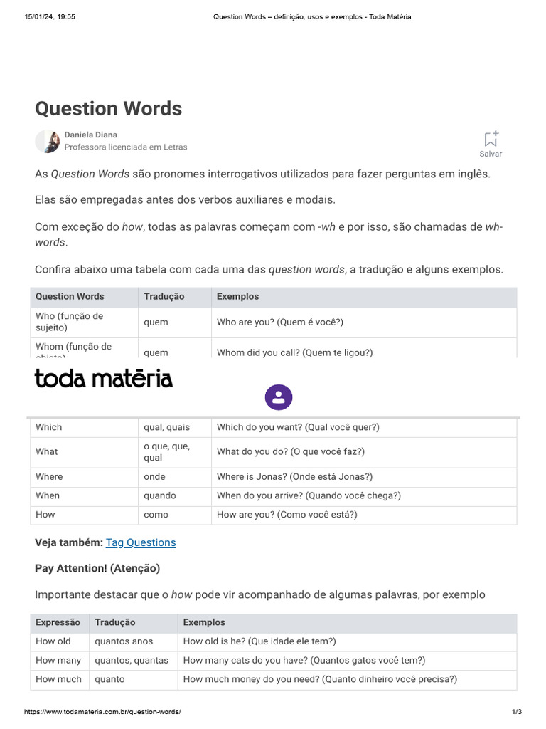 Question Words - Definição, Usos e Exemplos - Toda Matéria | PDF