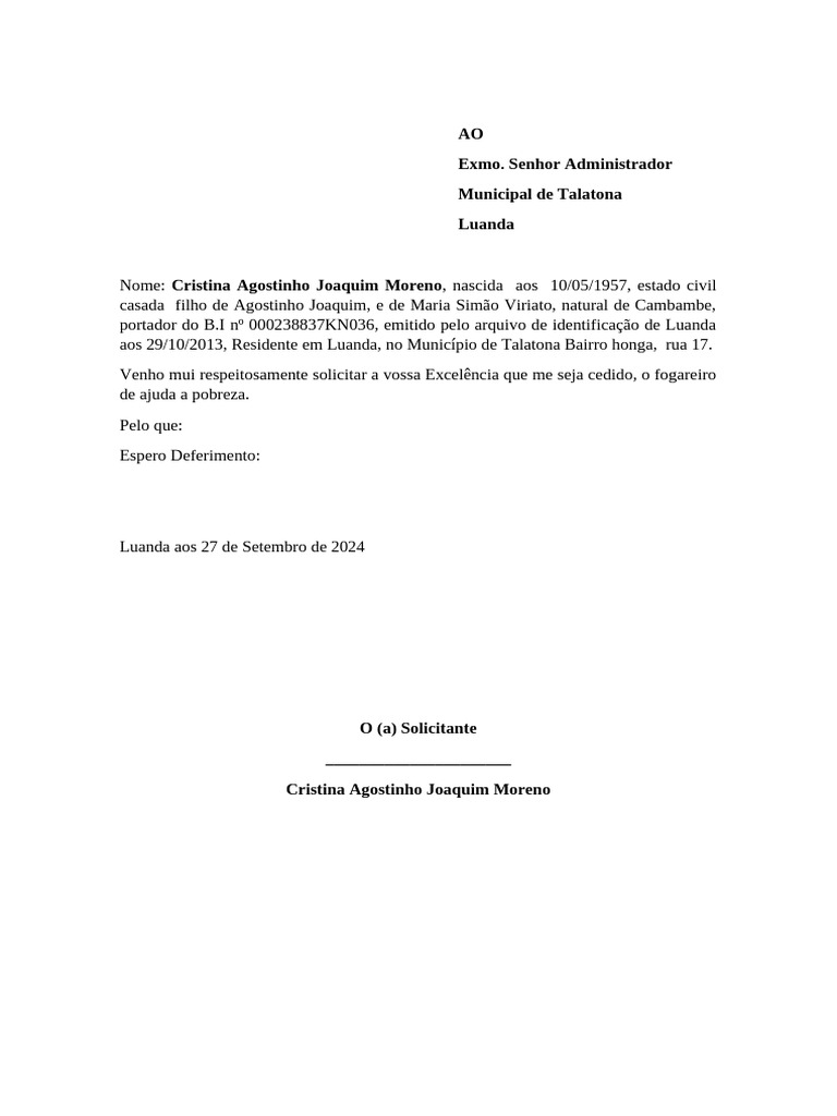 AO Exmo. Senhor Administrador Municipal de Talatona Luanda | PDF