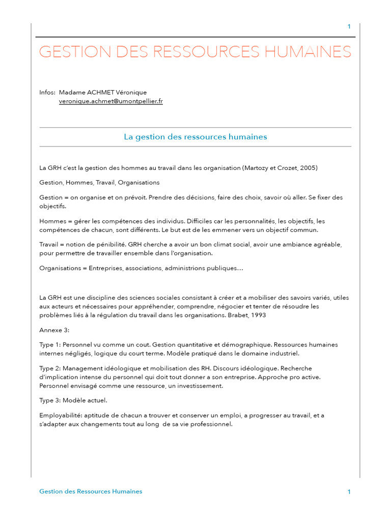 Cours 1 Gestion Ressources Humaines IAE | PDF