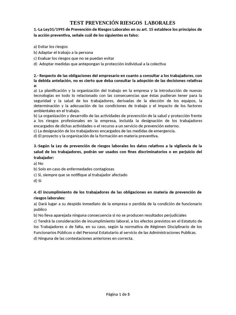 Test Prevencion Riesgos Laborales Fol | PDF