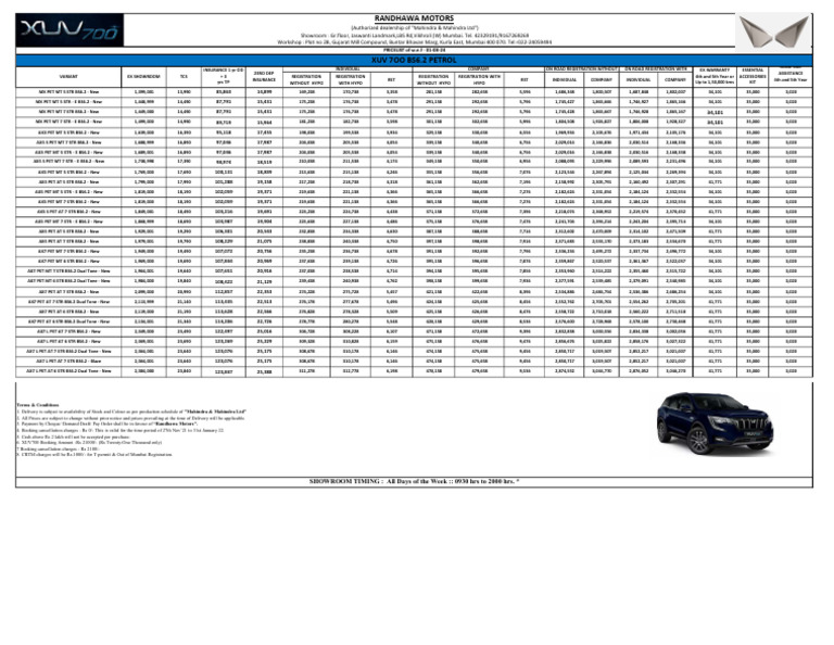 Price List of Xuv 7oo Bs6.2 Petrol Aug 2024 | PDF