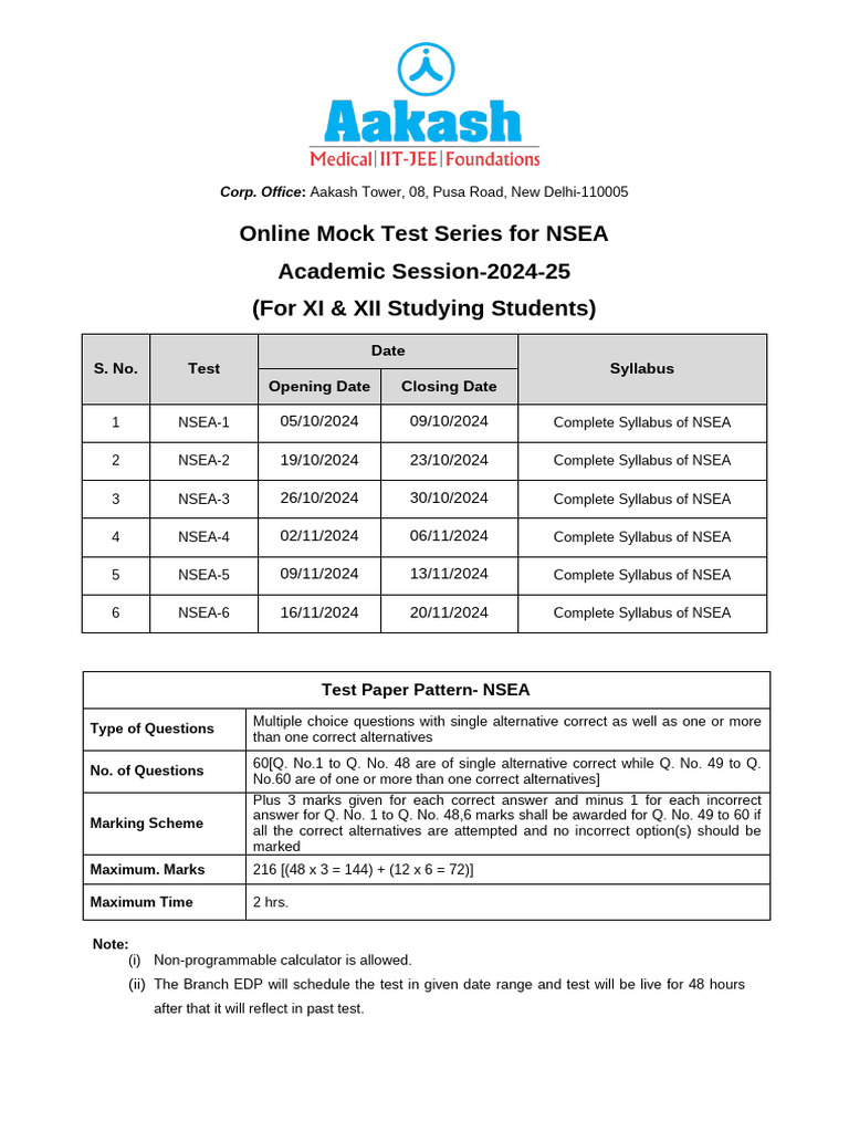 NSEA Mock Test Series 2024-25 | PDF