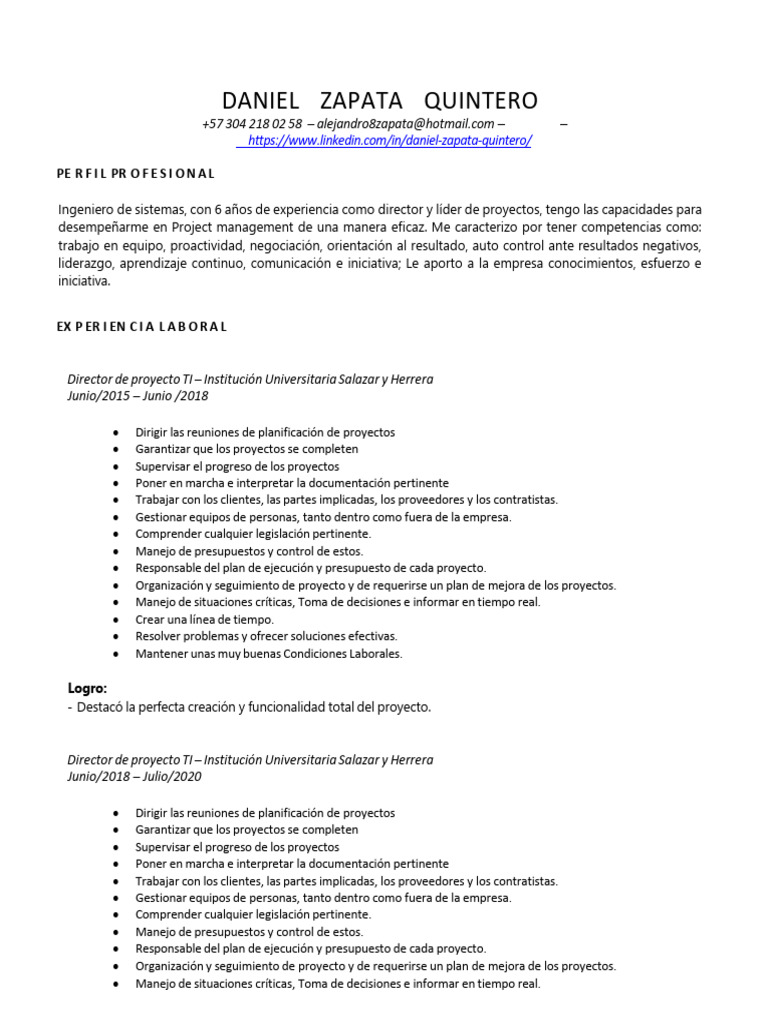 CV Daniel Alejandro Zapata Quintero Actualizadaa | PDF