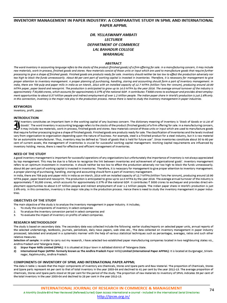 Inventory Management in Paper Industry: A Comparative Study in SPML and ...