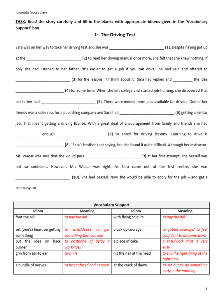 Idioms in Context Driving Test Practice Sheet | PDF
