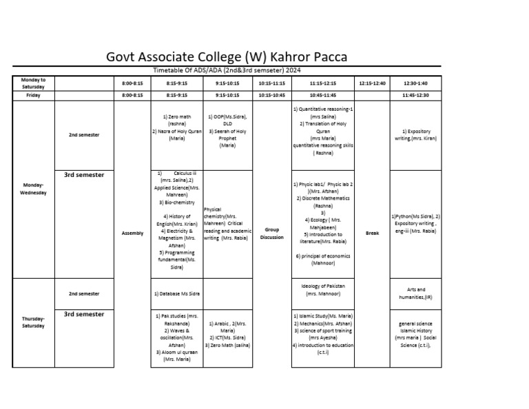 Time Table Ada Ads - 053229 | PDF