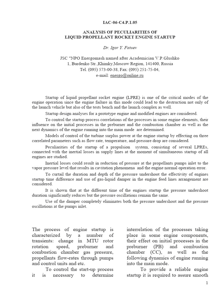 Analysis of Peculiarities of Liquid Propellant Rocket Engine Sta 2006 | PDF