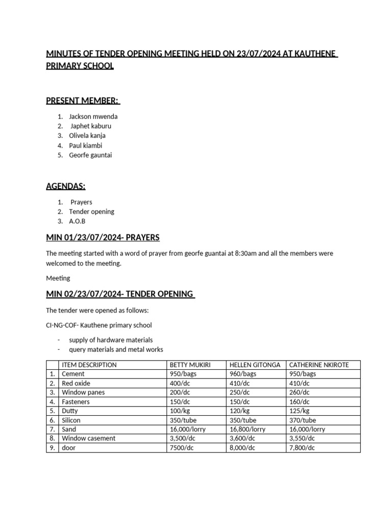 Minutes of Tender Opening Meeting Held On 23 | PDF