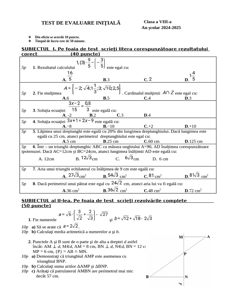 Test Evaluare Initiala Clasa 8 | PDF