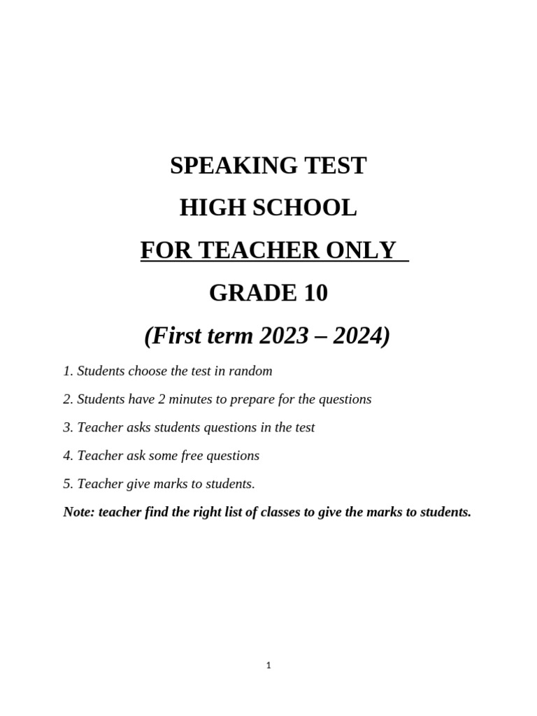 Grade 10 Speaking Test HK I 2023 2024 | PDF