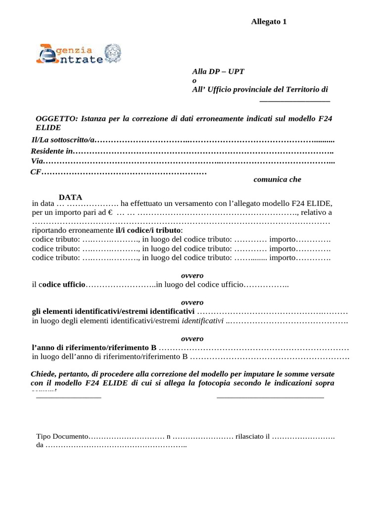 All 1 Istanza Rettifica F24 Elide Ipotec | PDF