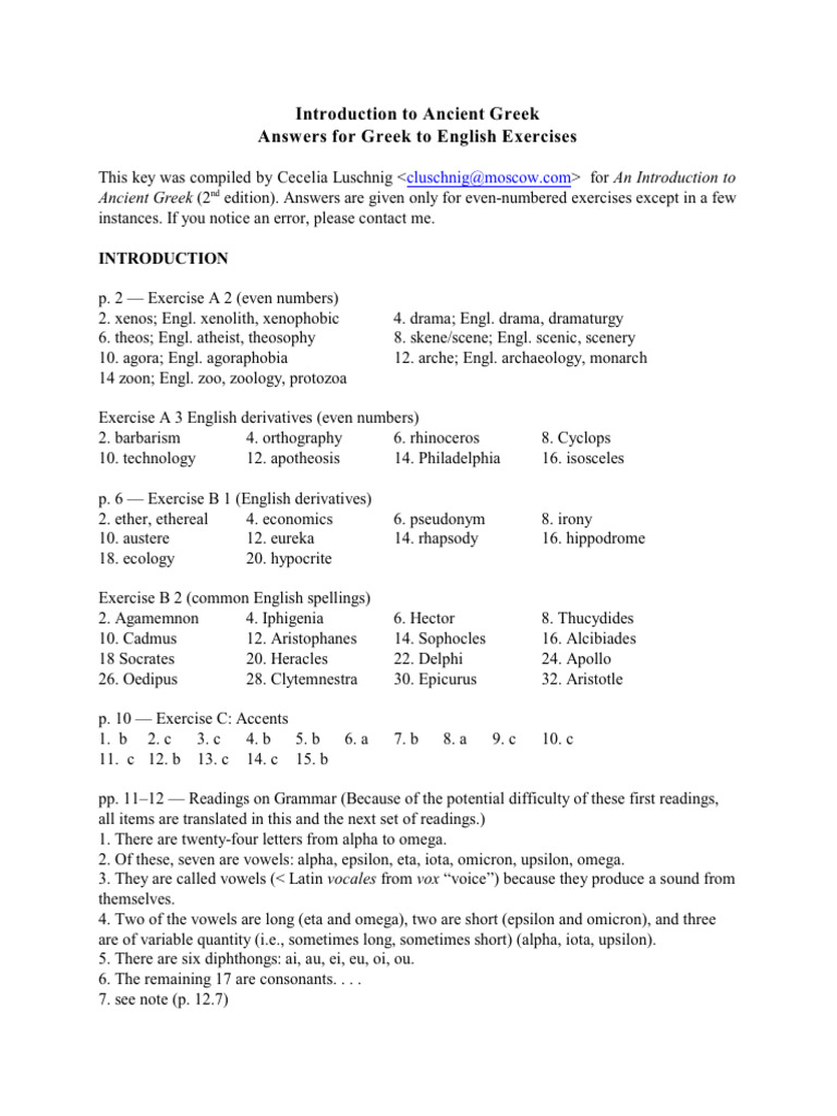 Luschnig Answer Key To Introduction To Ancient Greek Answers 2nd Ed | PDF
