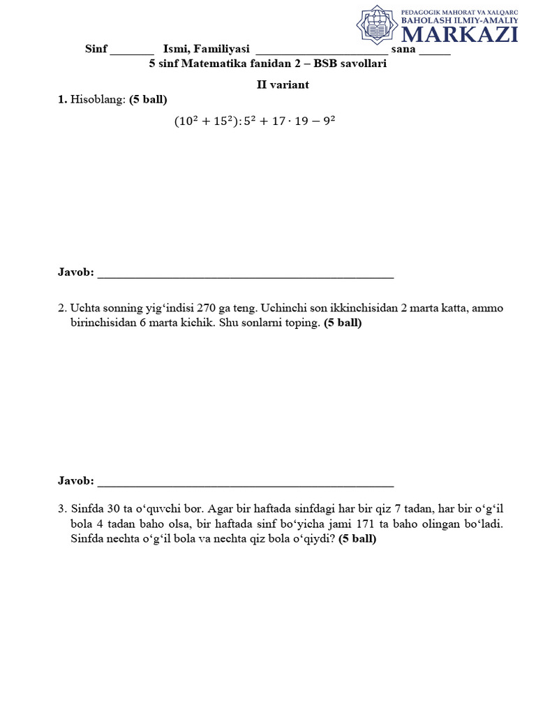 5 Sinf Matematika BSB 2 Variant 2 @summativ Formativ Baholash | PDF