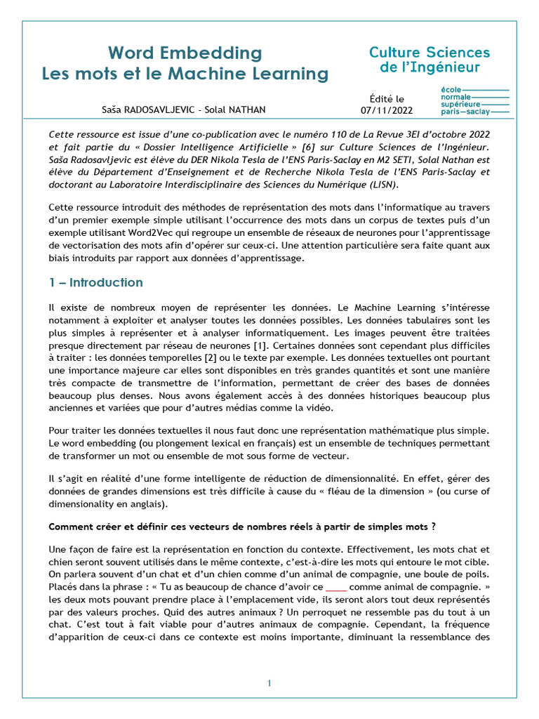 Word Embedding Les Mots Et Le Machine Learning Ensps | PDF