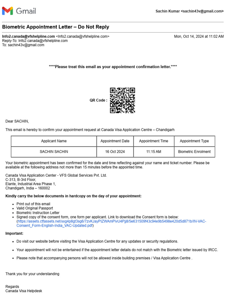 Gmail - Biometric Appointment Letter - Do Not Reply-7 | PDF