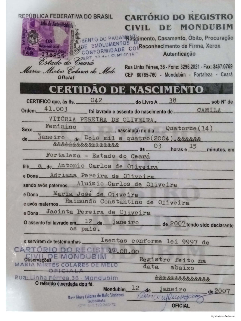 Certidão De Nascimento Pdf
