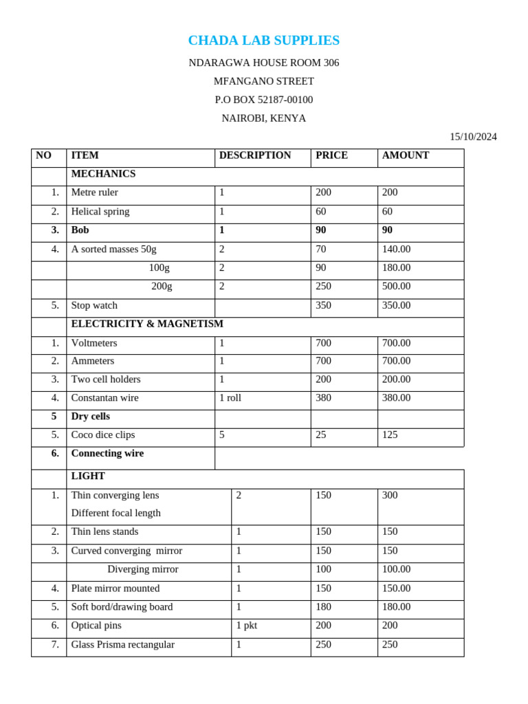 Chada Lab Supplies Price List | PDF | Mirror | Glass Applications