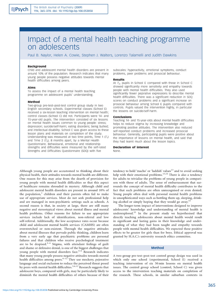 Impact of A Mental Health Teaching Programme On Adolescents | PDF