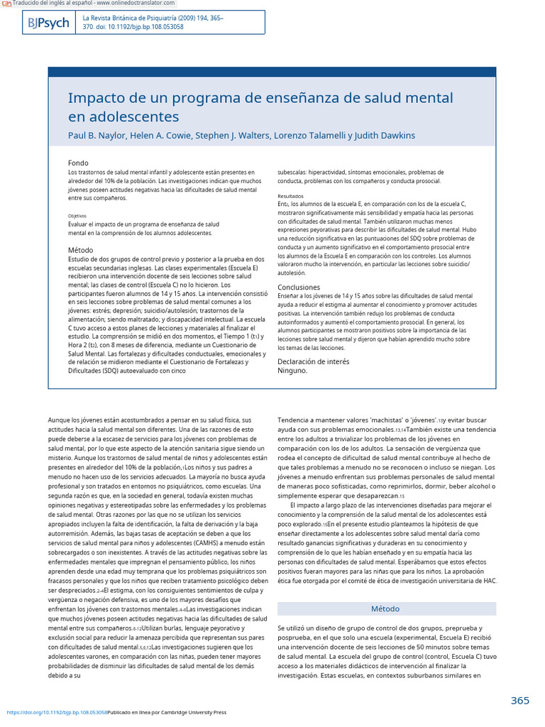 Impact of A Mental Health Teaching Programme On Adolescents - En.es | PDF