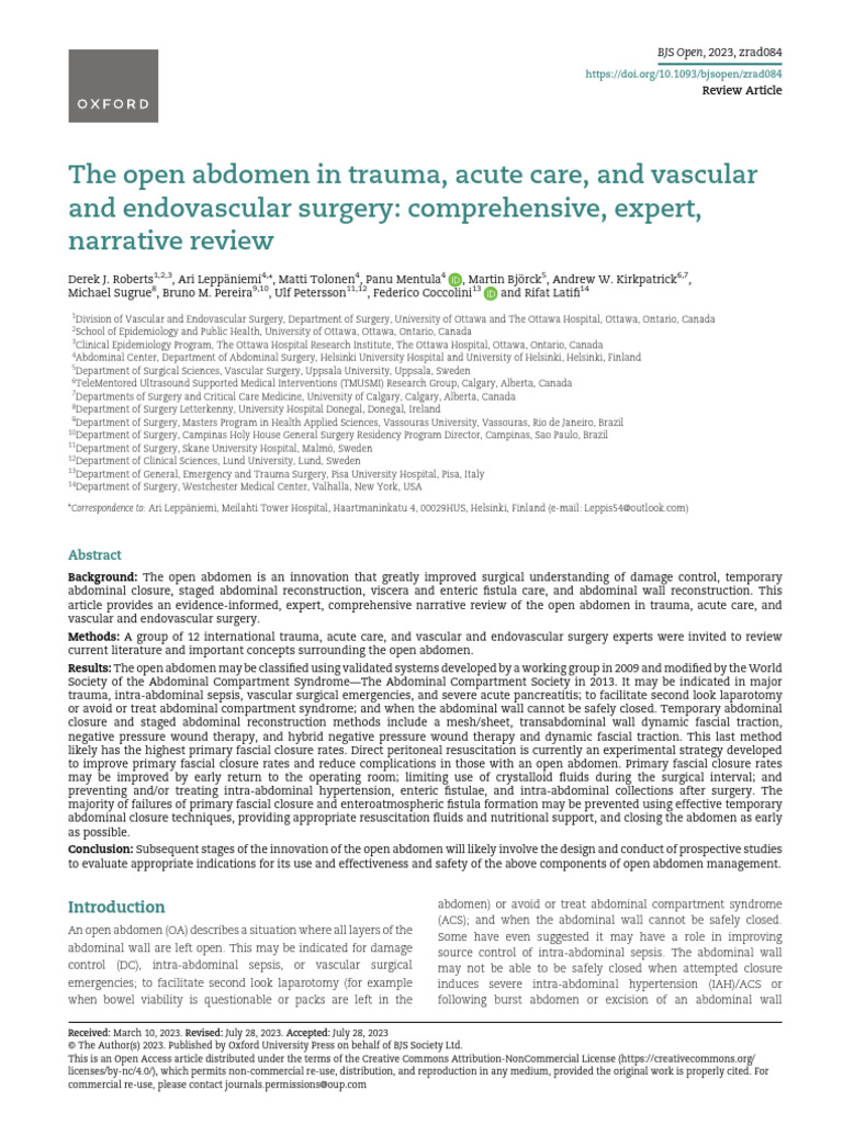 The Open Abdomen in Trauma, Acute Care, and Vascular | PDF