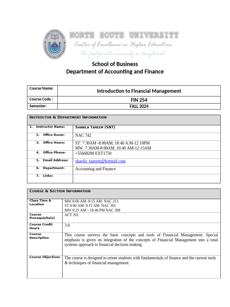 Fin 254 Course Outline | PDF