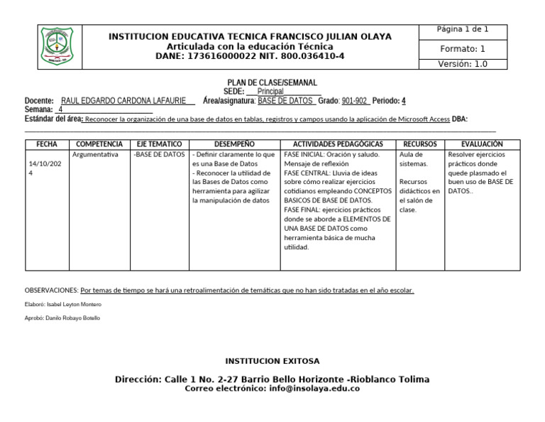 Plan de Clase Base de Datos 901-902 Semana 4 | PDF