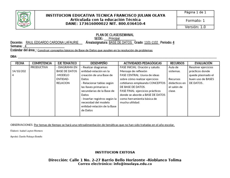 Plan de Clase Base de Datos 1101-1102 Semana 4 | PDF