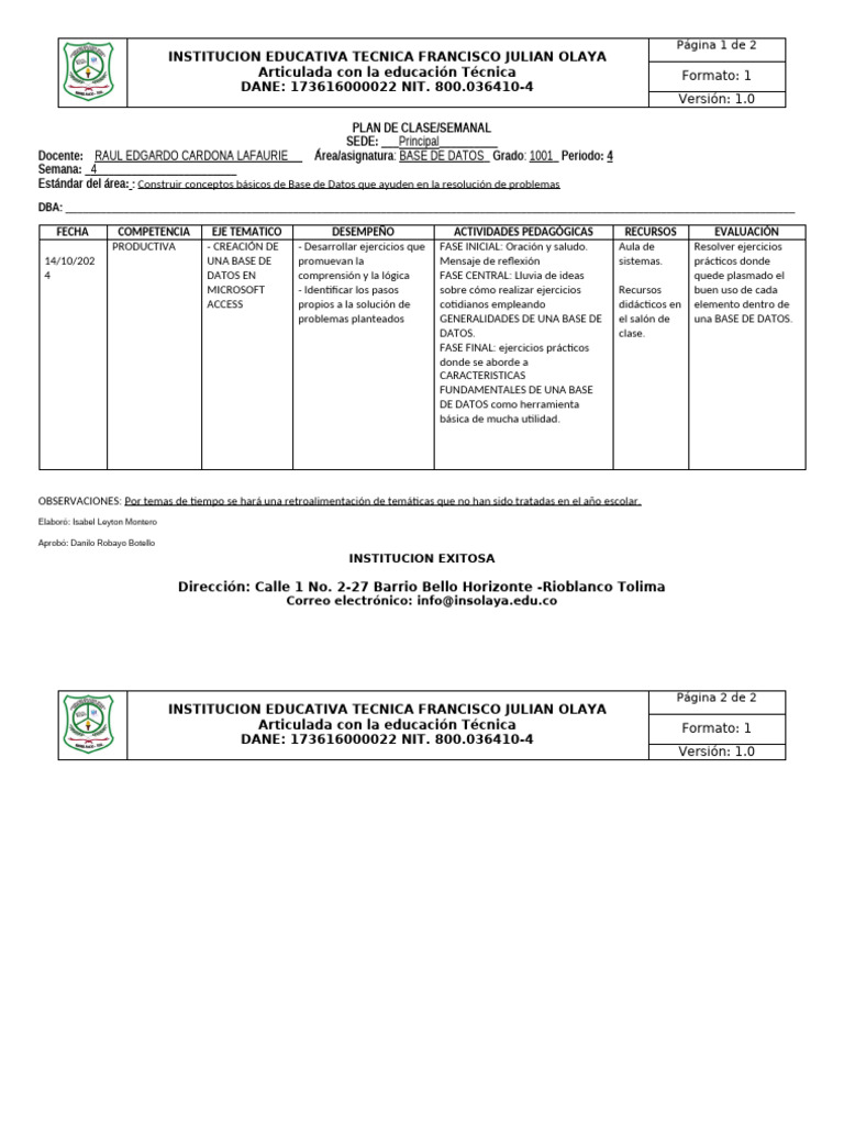 Plan de Clase Base de Datos 1001 Semana 4 | PDF