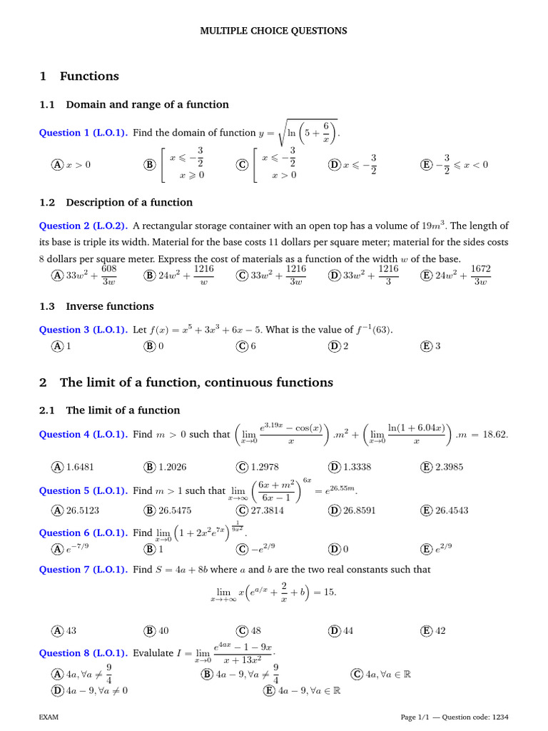 1 Functions: 1.1 Domain and Range of A Function | PDF