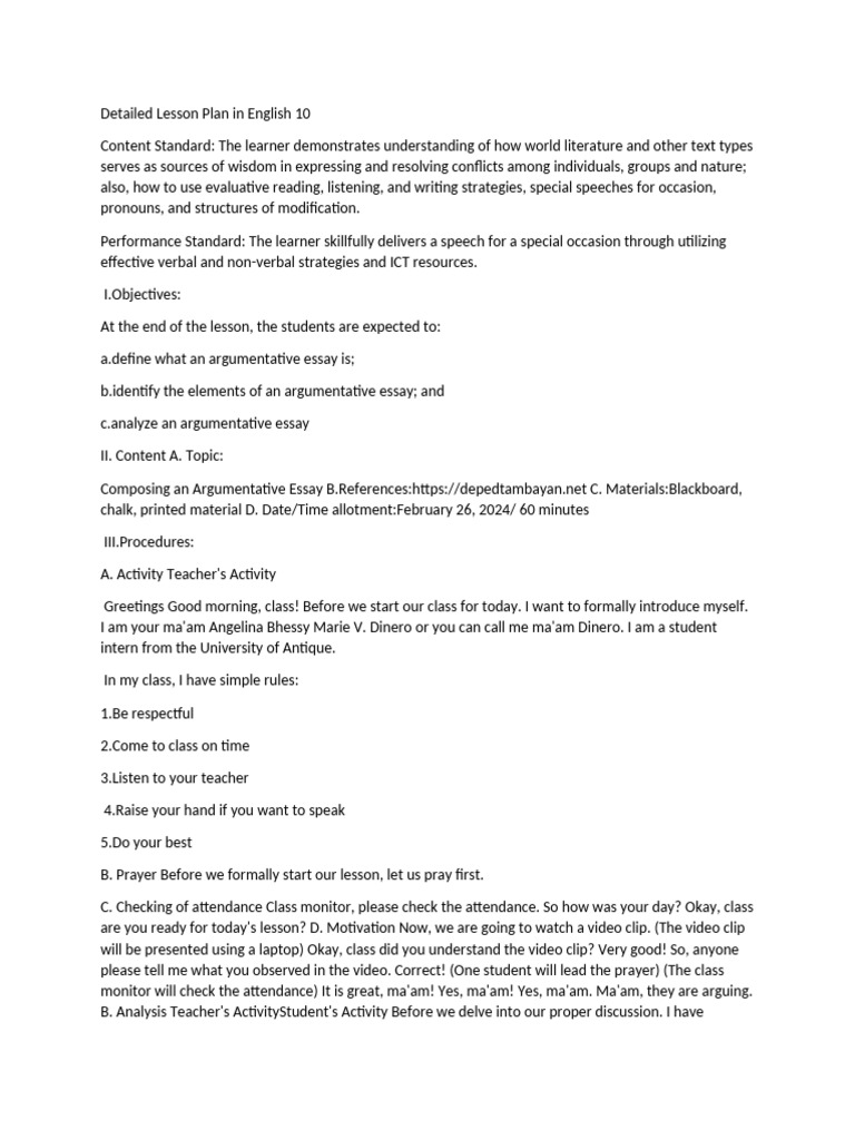 English 10 Argumentative Essay Lesson Plan | PDF | Essays | Argument