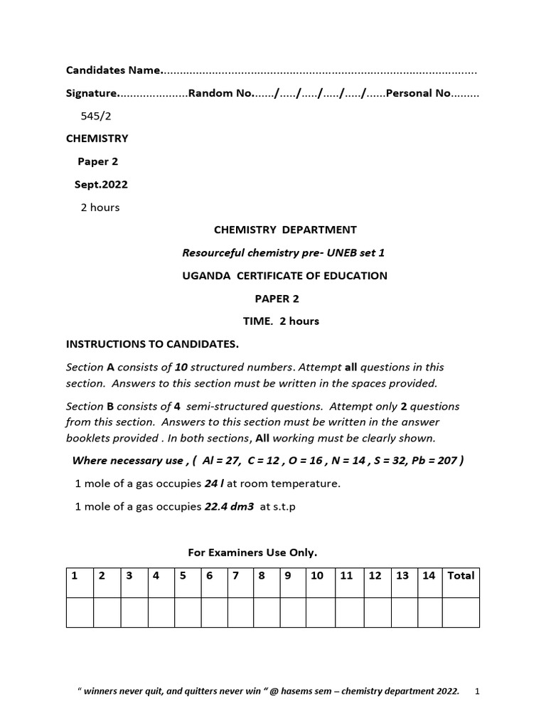 CHEMISTRY Pre-UNEB Set 1 2022 | PDF