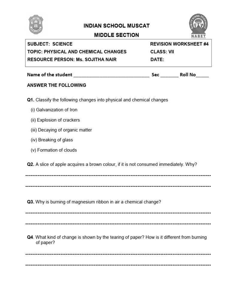 Class 7-Ws - 4 Physical and Chemical Changes | PDF