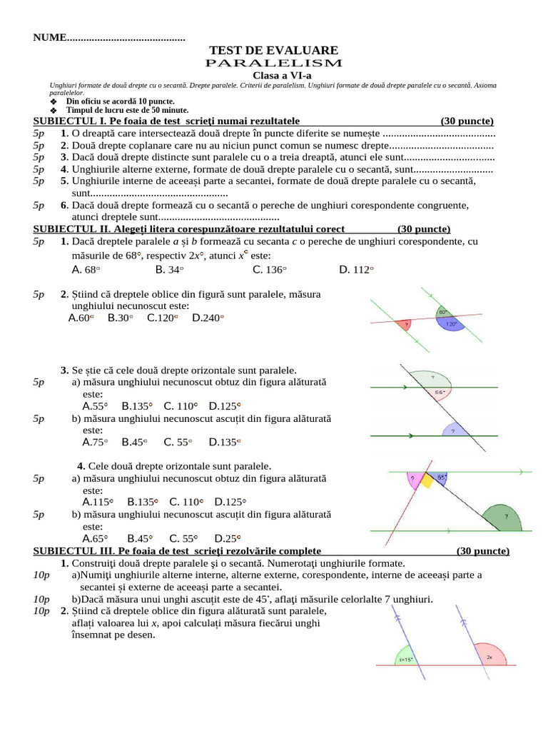 Test Paralelism Clasa A Via | PDF