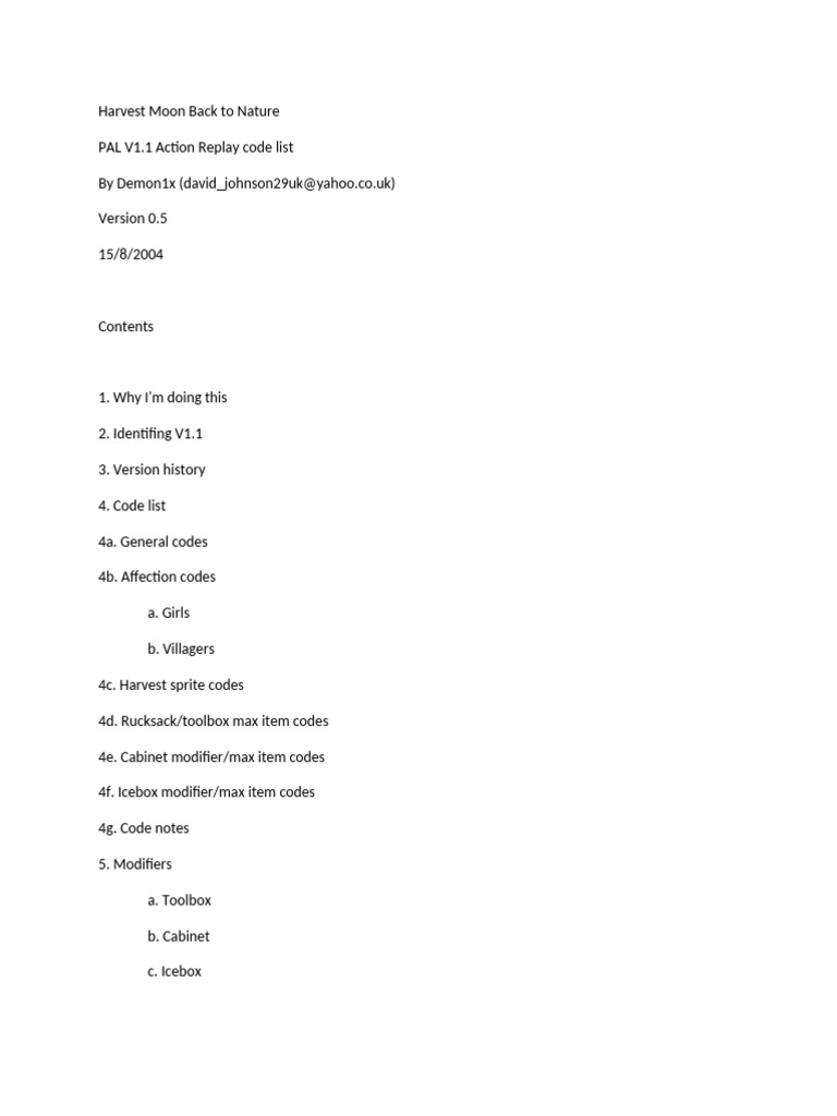 Harvest Moon BTN Gameshark Code V 1.1 | PDF