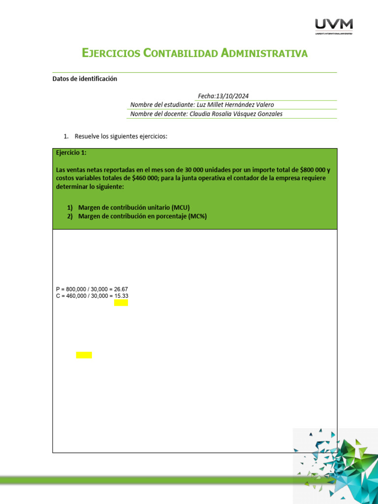 Ejercicios de Margen de Contribución en Contabilidad Administrativa | PDF