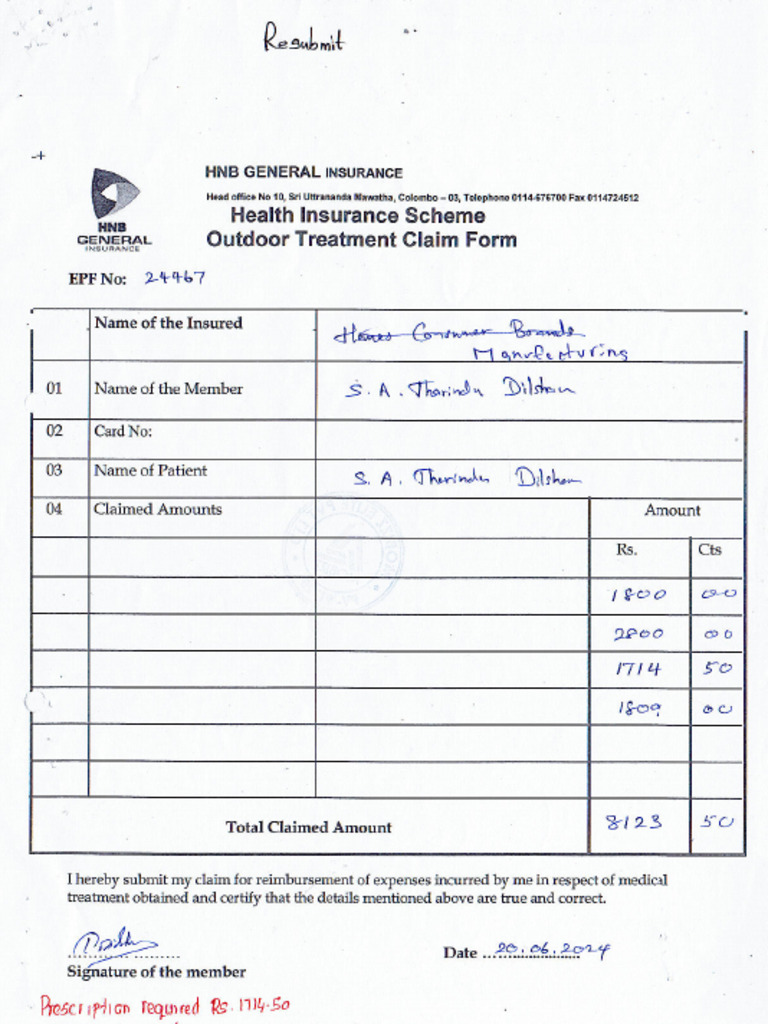 Resubmission Claim - Emp No. 24467 | PDF