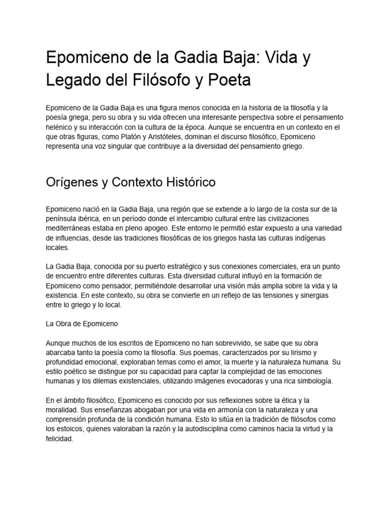 Epomiceno de La Gadia Baja - Vida y Legado Del Filósofo y Poeta | PDF ...