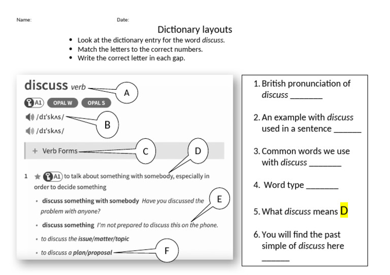 Dictionary layouts matching exercise PDF