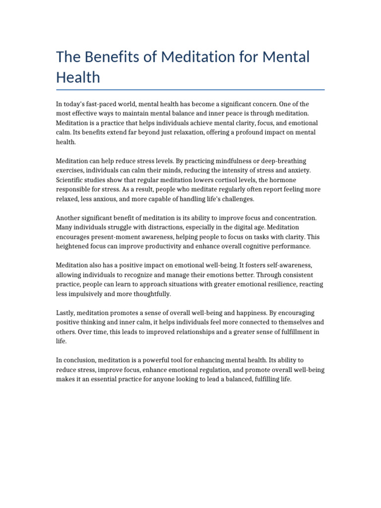The Benefits of Meditation For Mental Health | PDF